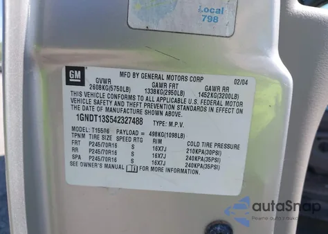 2004 Chevrolet Trailblazer Ls/Lt из США, поврежденный, VIN 1GNDT13S542327488